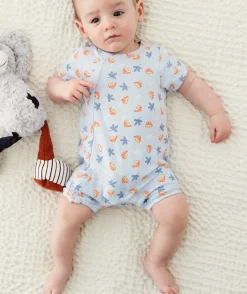 Pyjama short bleu imprimé oiseau en coton biologique