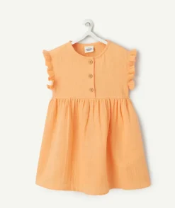 Robe bébé fille en gaze de coton orange avec volants