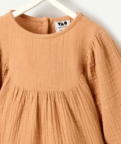 Robe bébé fille manches longues en gaze de coton marron