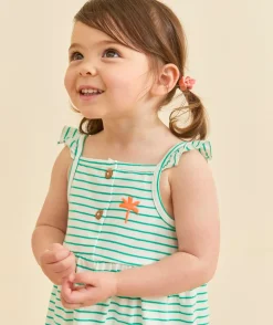 Robe à bretelles bébé fille en coton bio rayé vert et blanc