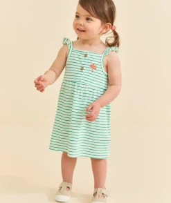 Robe à bretelles bébé fille en coton bio rayé vert et blanc