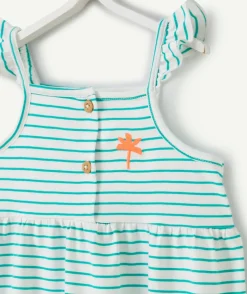 Robe à bretelles bébé fille en coton bio rayé vert et blanc