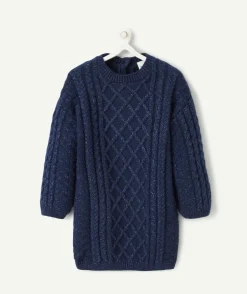 Robe en maille fille avec jeux de torsades bleu marine