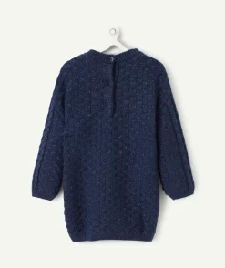 Robe en maille fille avec jeux de torsades bleu marine
