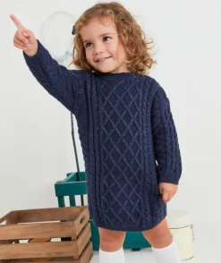 Robe en maille fille avec jeux de torsades bleu marine