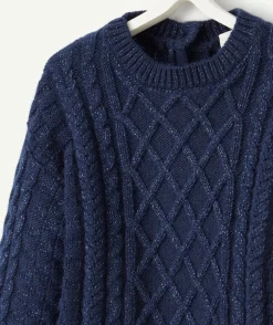 Robe en maille fille avec jeux de torsades bleu marine