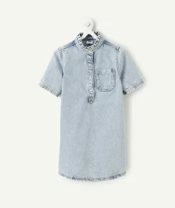 Robe fille denim bleu col mao