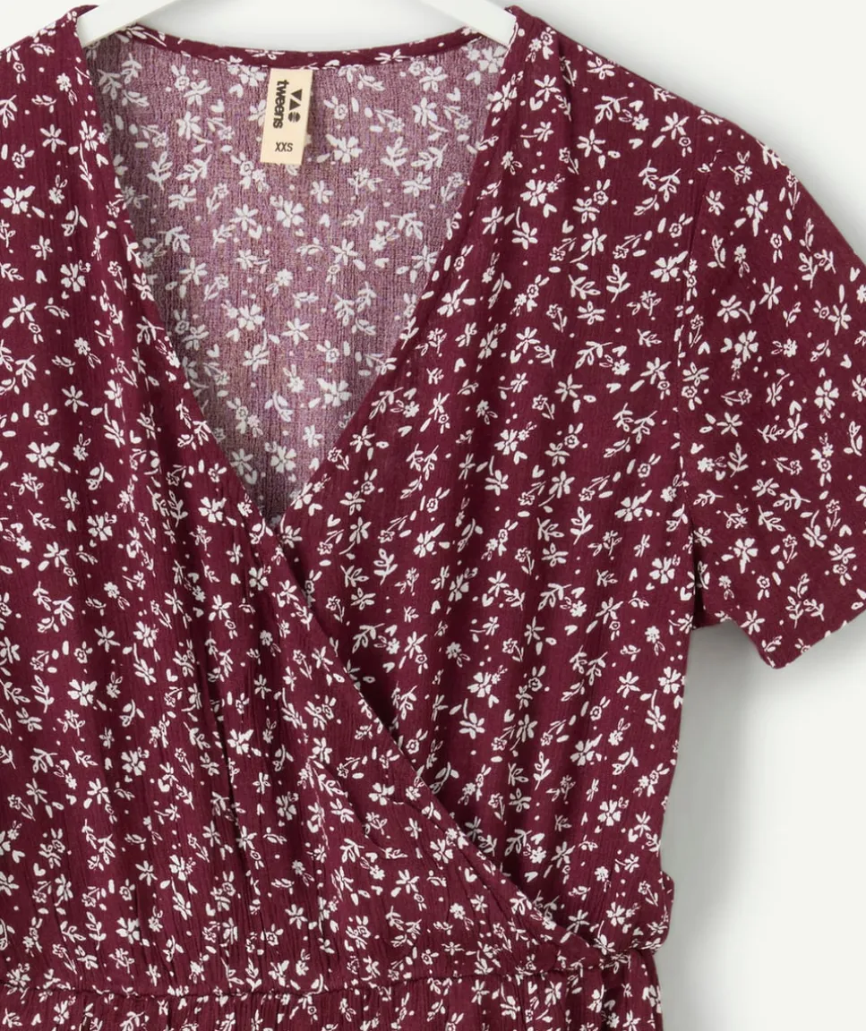 Robe fille midi fleurie bordeaux