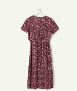 Robe fille midi fleurie bordeaux