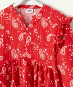 Robe fille rouge imprimée cachemire blanc avec volants