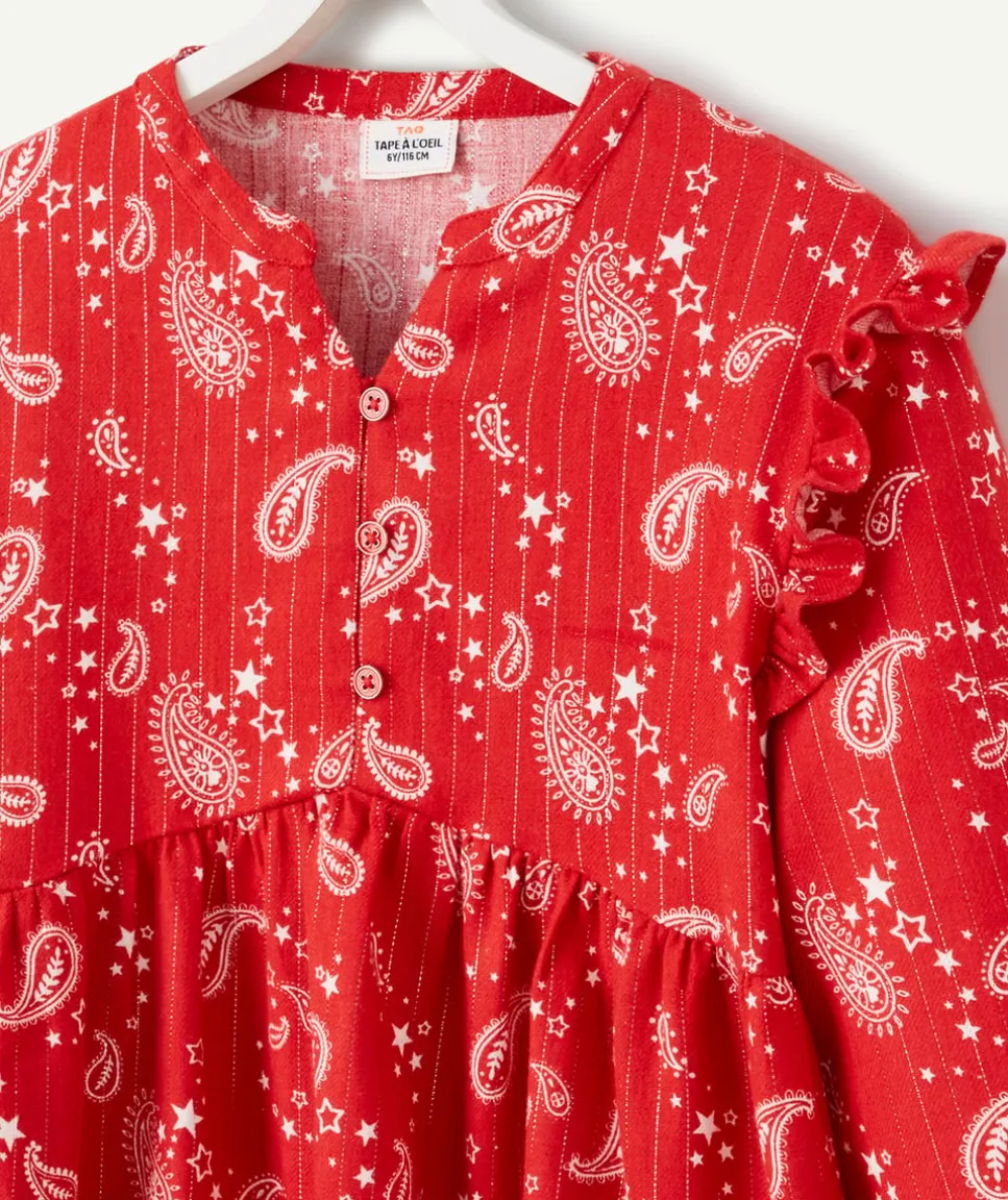 Robe fille rouge imprimée cachemire blanc avec volants