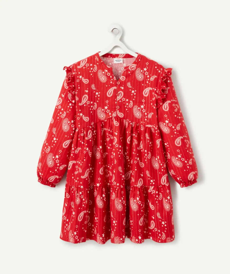 Robe fille rouge imprimée cachemire blanc avec volants