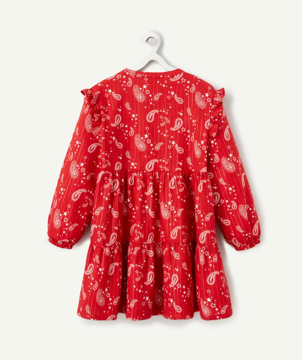 Robe fille rouge imprimée cachemire blanc avec volants
