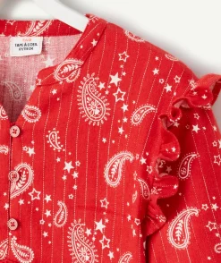 Robe fille rouge imprimée cachemire blanc avec volants