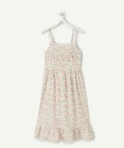 Robe longue à bretelles fille en coton imprimé fleuri rose vert et bleu