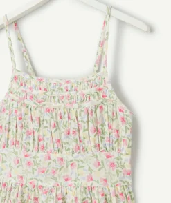 Robe longue à bretelles fille en coton imprimé fleuri rose vert et bleu