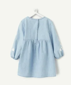 Robe manches longues bébé fille en jean bleu broderies