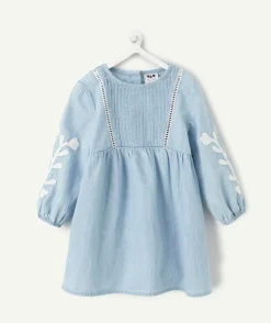 Robe manches longues bébé fille en jean bleu broderies