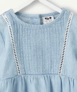 Robe manches longues bébé fille en jean bleu broderies