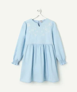 Robe manches longues fille bleu broderie