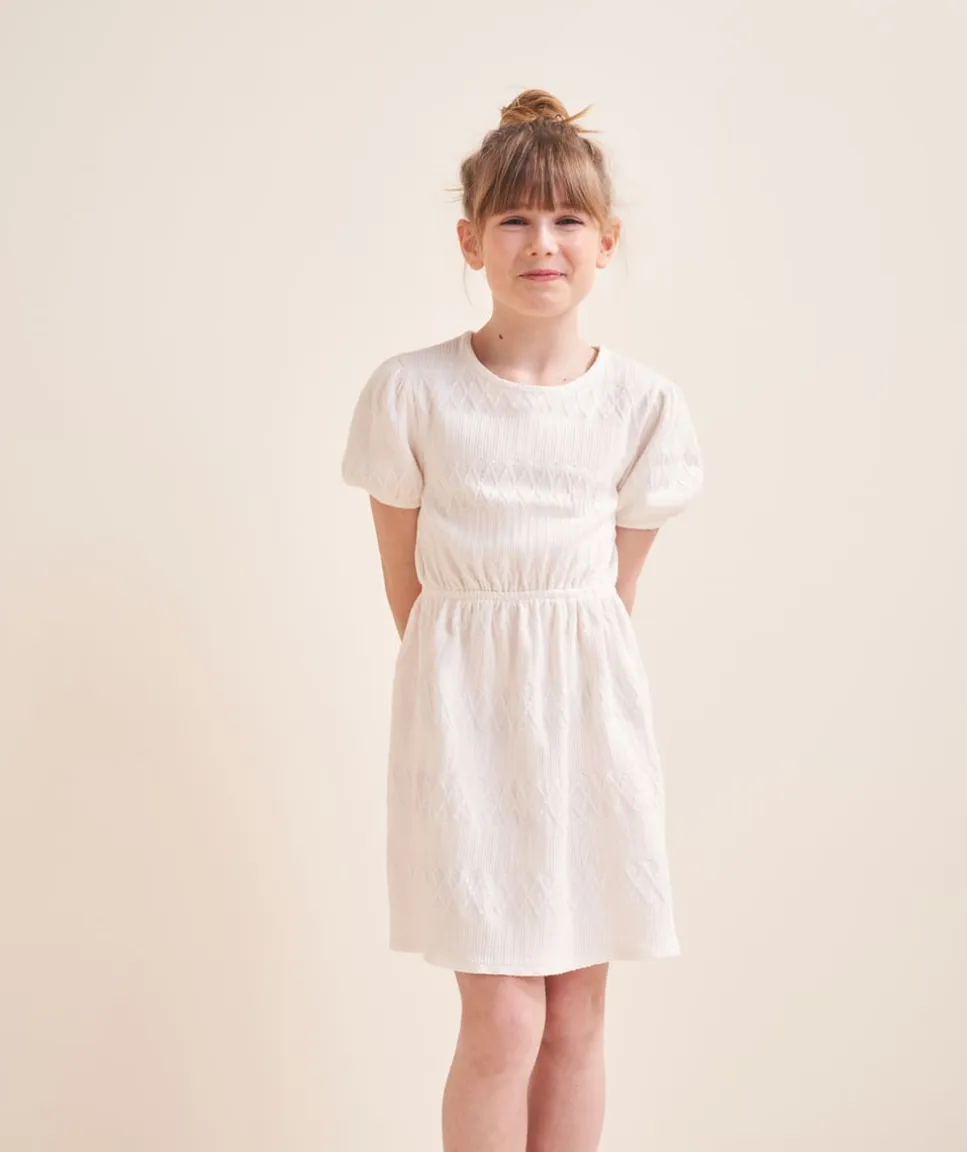 Robe tricot manches courtes fille en fibres recyclées écrue
