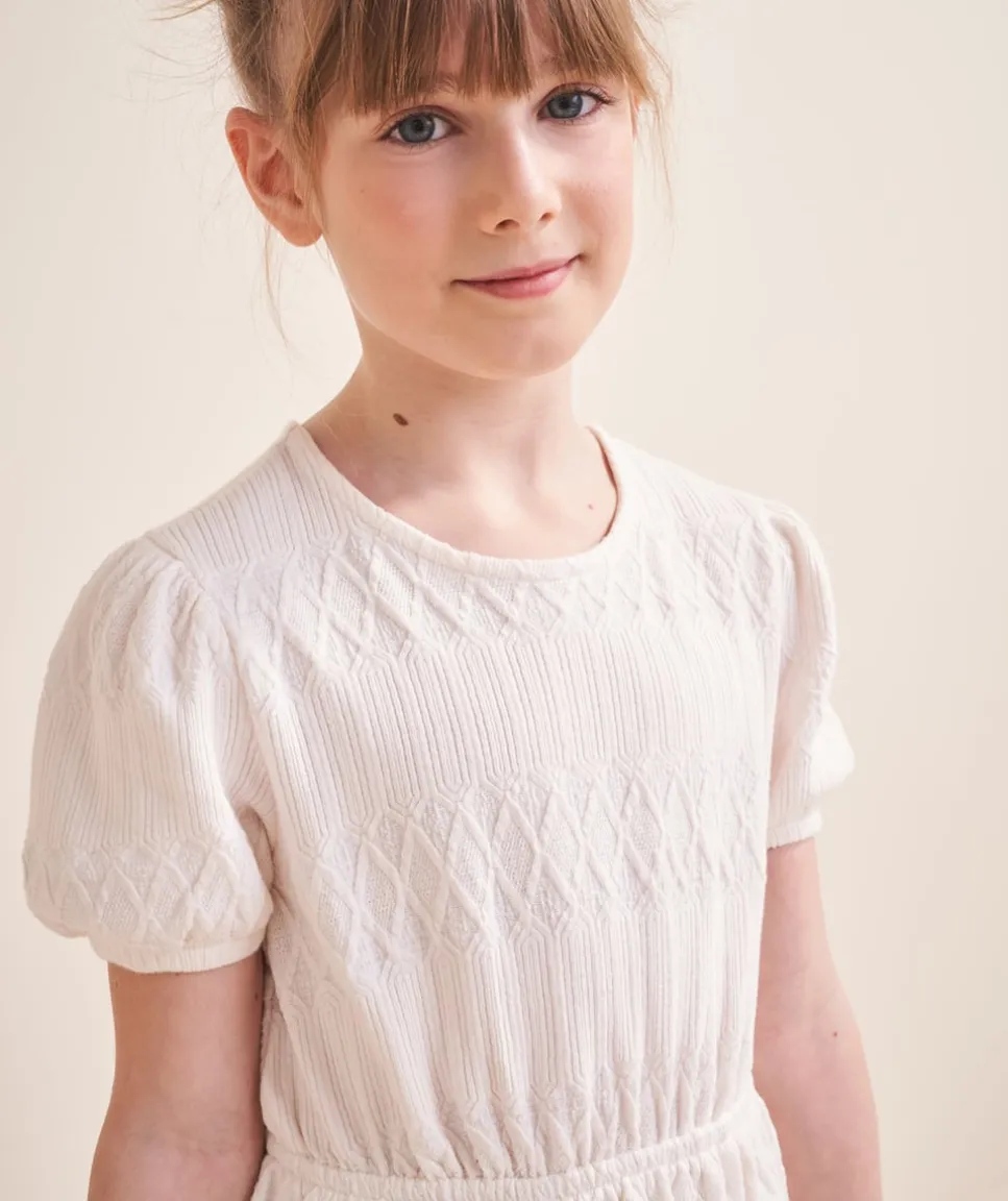 Robe tricot manches courtes fille en fibres recyclées écrue