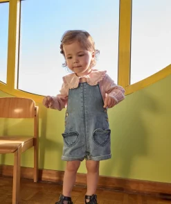Salopette courte bébé fille denim bleu