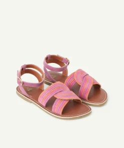Sandales en partie en cuir fille avec torsades rose mauve et orange