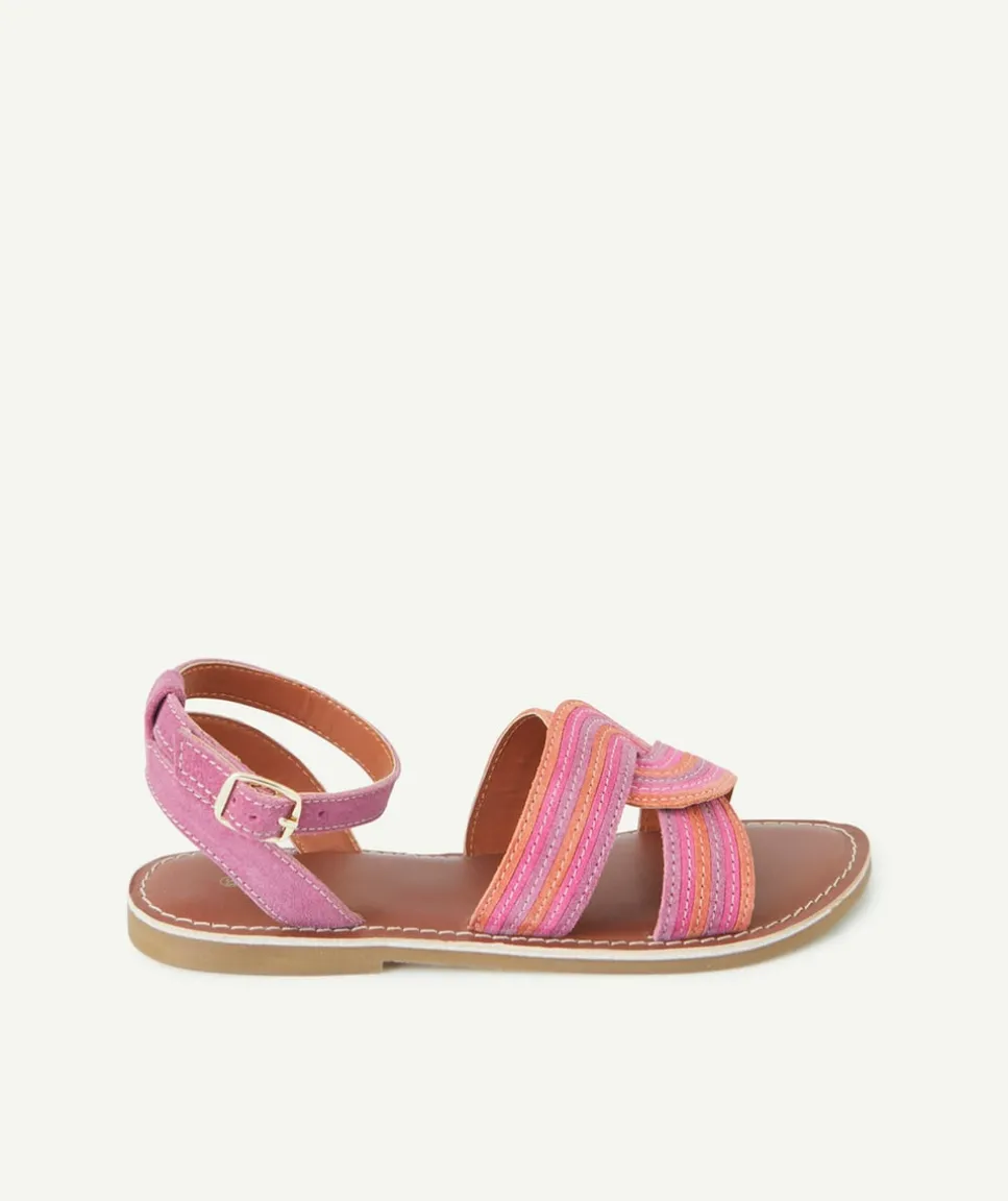 Sandales en partie en cuir fille avec torsades rose mauve et orange