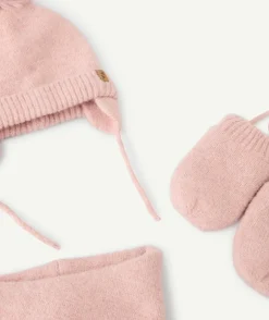 Set bonnet, snood, gants bébé rose