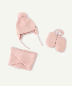 Set bonnet, snood, gants bébé rose