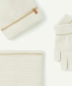 Set bonnet, snood, gants écrus fille