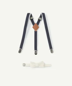 Set garçon avec bretelles élastiquées bleues et noeud papillon beige
