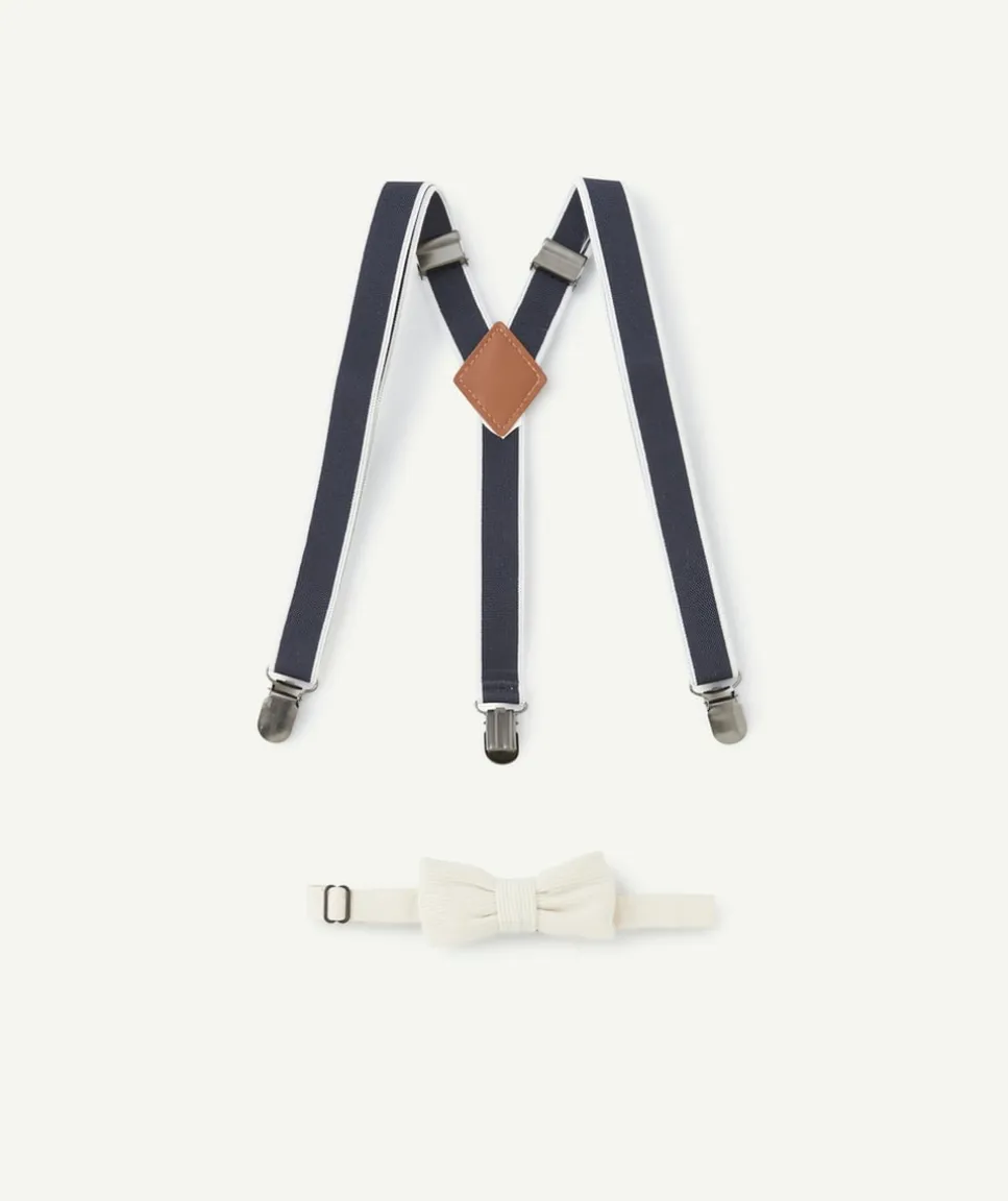 Set garçon avec bretelles élastiquées bleues et noeud papillon beige