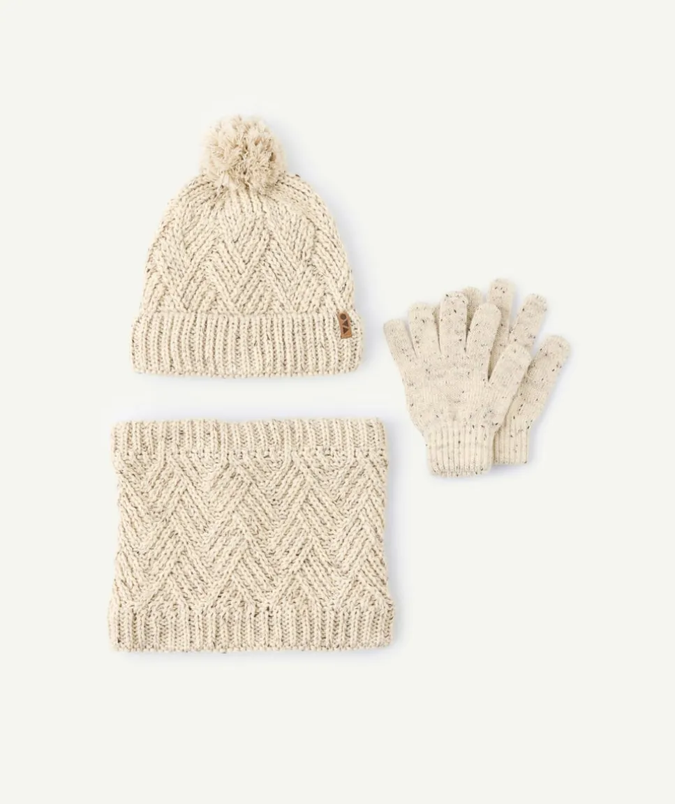 Set tricot garçon bonnet tour de cou gants écru