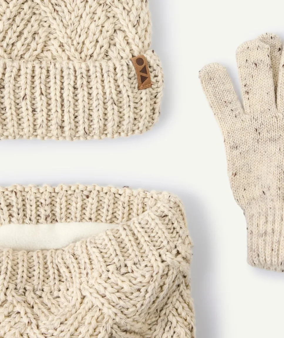 Set tricot garçon bonnet tour de cou gants écru