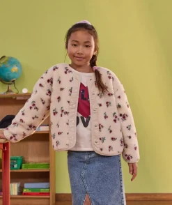 Sherpa fille moumoute écru imprimé fleuri à pressions