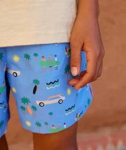 Short de bain bébé garçon en fibres recyclées bleu imprimé été