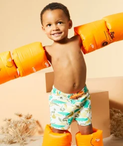Short de bain bébé garçon en fibres recyclées blanc imprimé jungle