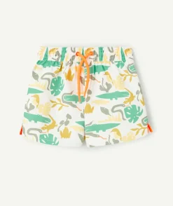 Short de bain bébé garçon en fibres recyclées blanc imprimé jungle