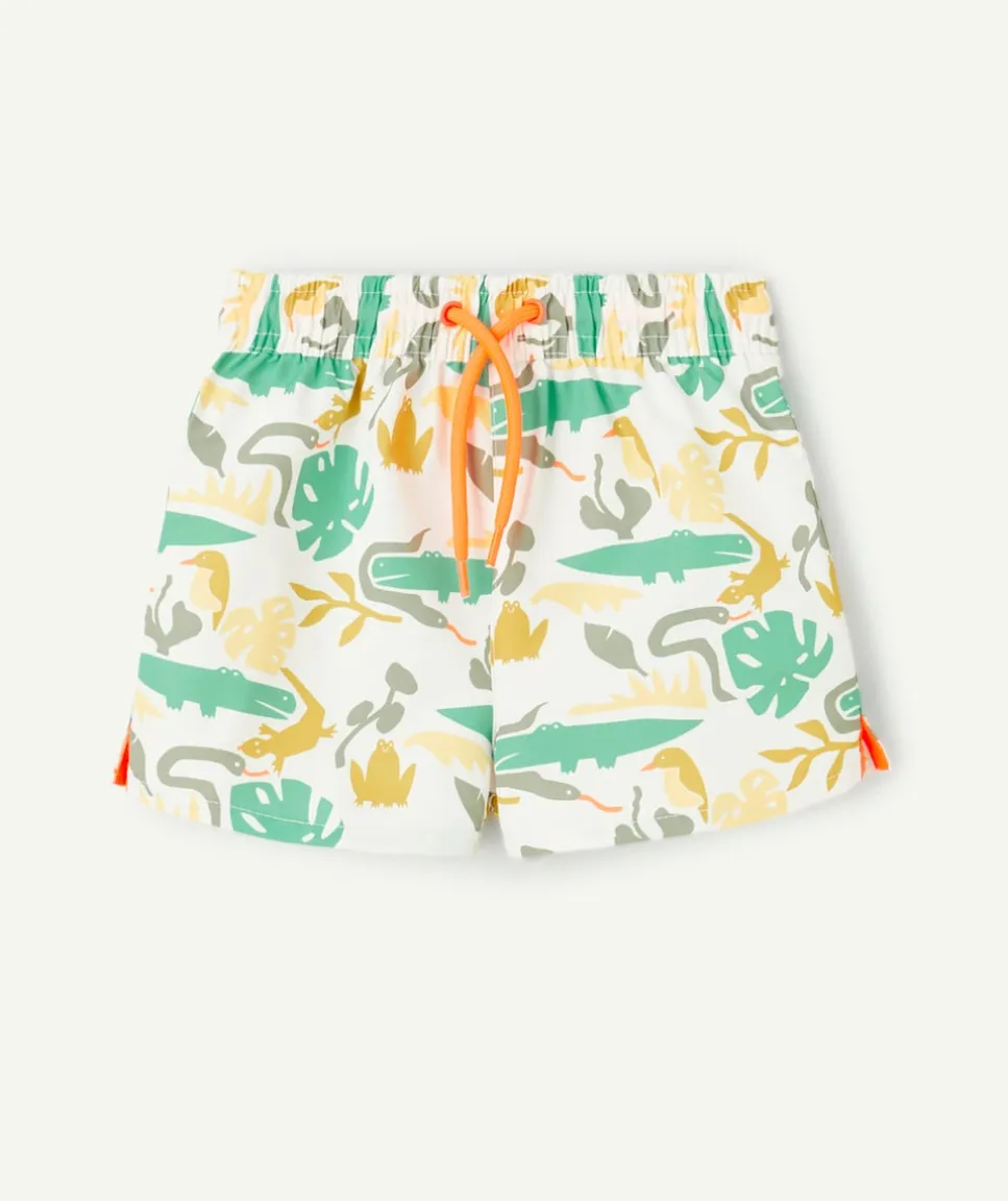 Short de bain bébé garçon en fibres recyclées blanc imprimé jungle