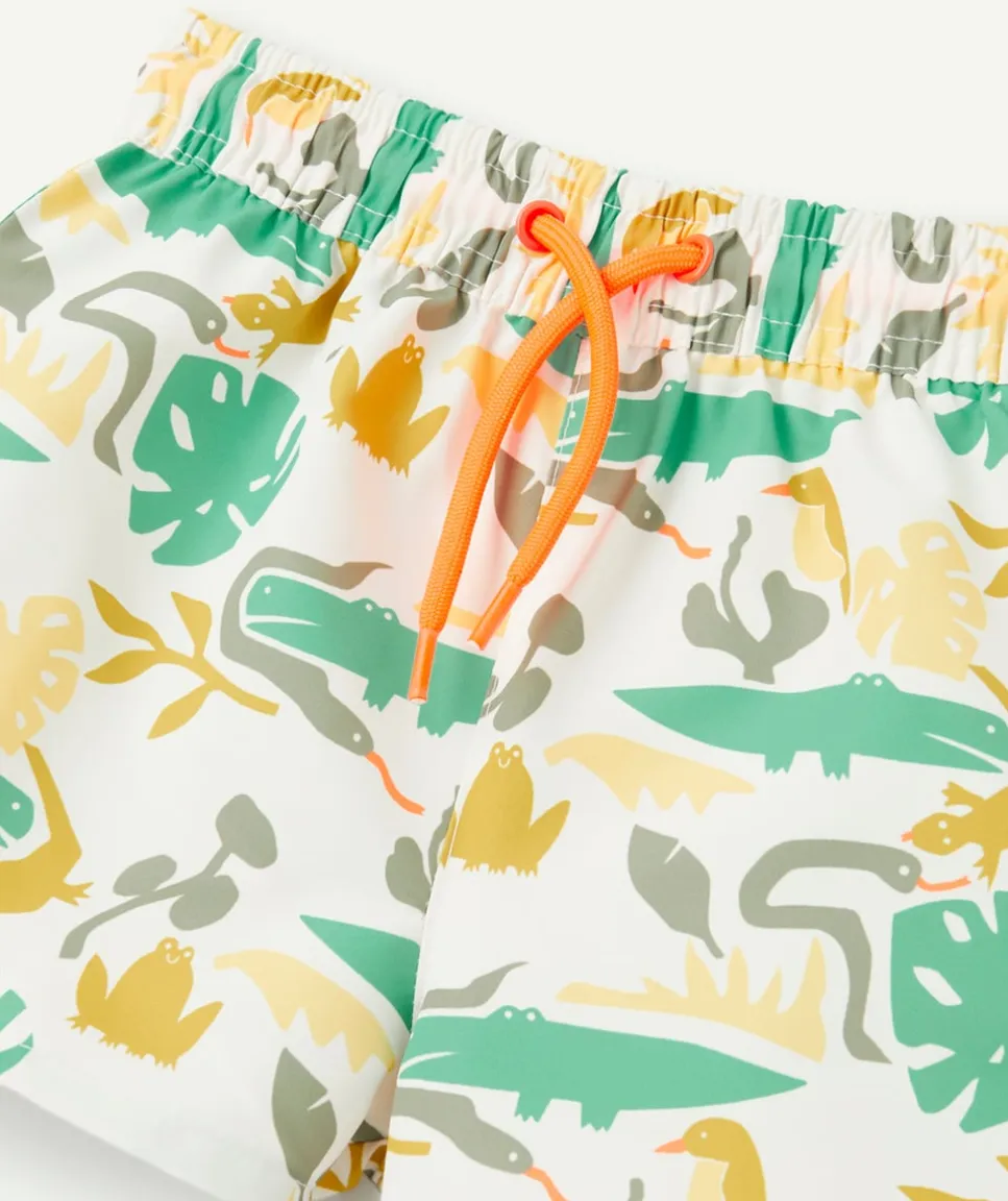 Short de bain bébé garçon en fibres recyclées blanc imprimé jungle