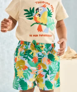 Short de bain bébé garçon en fibres recyclées bleu imprimé feuille