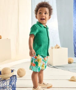 Short de bain bébé garçon en fibres recyclées bleu imprimé feuille