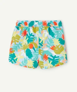 Short de bain bébé garçon en fibres recyclées bleu imprimé feuille