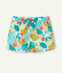 Short de bain bébé garçon en fibres recyclées bleu imprimé feuille