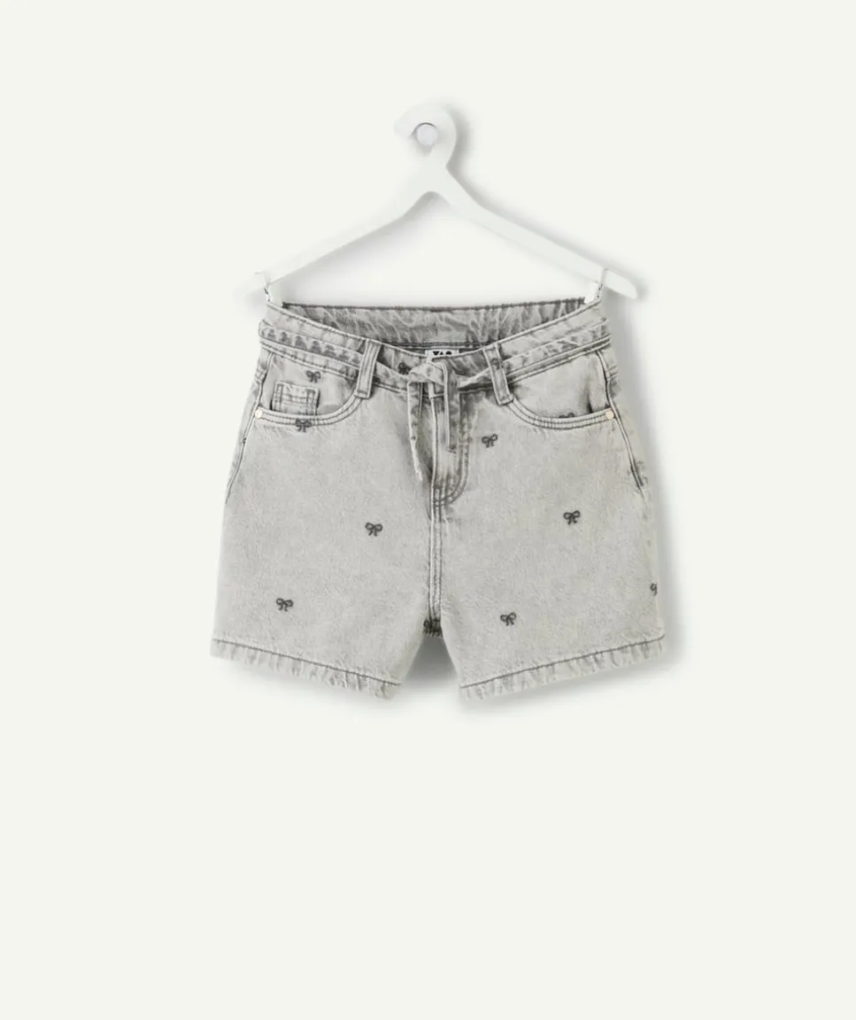 Short droit fille denim gris imprimé