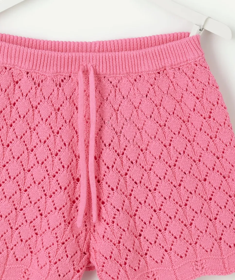 Short fille en maille ajourée rose