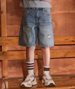 Short garçon droit denim bleu usé