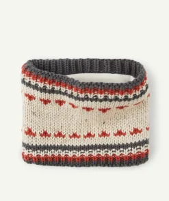 Snood tricot bébé garçon en fibres recyclées beige et gris avec motifs